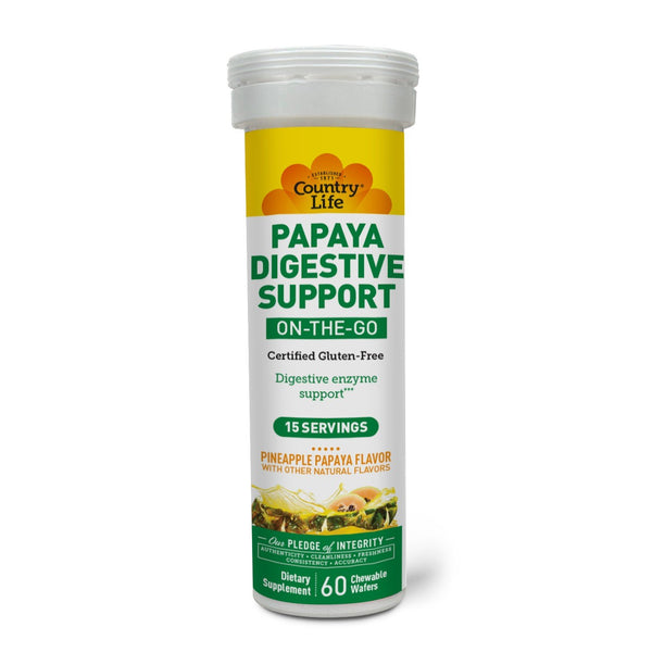 Country Life Chewable Papaya Digestive Enzyme Pineapple Papaya Flavor On-The-Go Digestive Support with Papain, Protease & Amylase 8 Tubes
