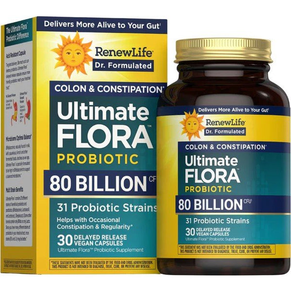 Renew Life Ultimate Flora Colon & Constipation Probiotic - 80 Billion CFU 30 Vegan Capsules