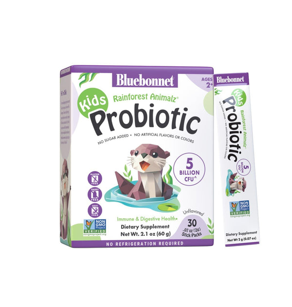 Bluebonnet Rainforest Animalz-Kids-Probiotic-5 Billion CFU-Unflavored-30-0.7 oz (2g) Stick Packs 2.1 oz (60 g) Powder