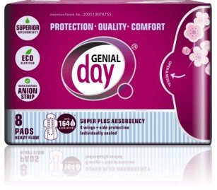 Genial Day Eco-Certified Super Absorbent Heavy Flow with Anion Strip 8 Pads Box