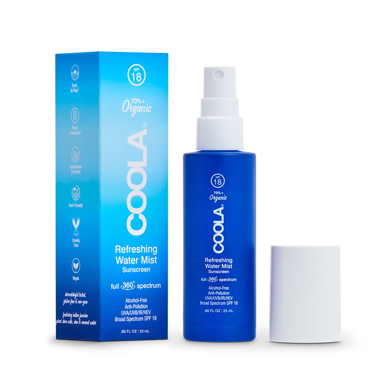 COOLA Full Spectrum 360 Refreshing Water Mist Organic Face Sunscreen SPF 18 [Travel Size] (0.85 fl oz / 25 ml)