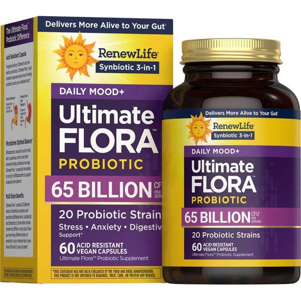 Renew Life Ultimate Flora Daily Mood+ Probiotic - 65 Billion CFU 60 Vegan Capsules